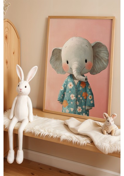 Sevimli Pijamalı Fil Çocuk Odası ve Bebek Odası Ahşap Çerçeveli Duvar Tablosu