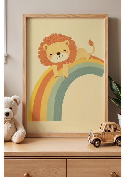 Gökkuşağı Üzerinde Aslan Çocuk ve Bebek Odası Ahşap Çerçeveli Duvar Tablosu