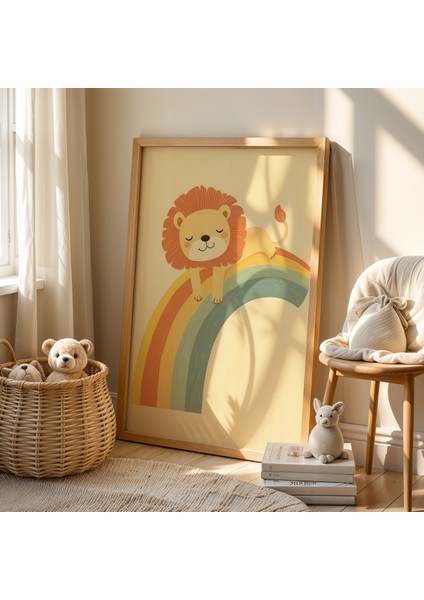 Gökkuşağı Üzerinde Aslan Çocuk ve Bebek Odası Ahşap Çerçeveli Duvar Tablosu fiyatları