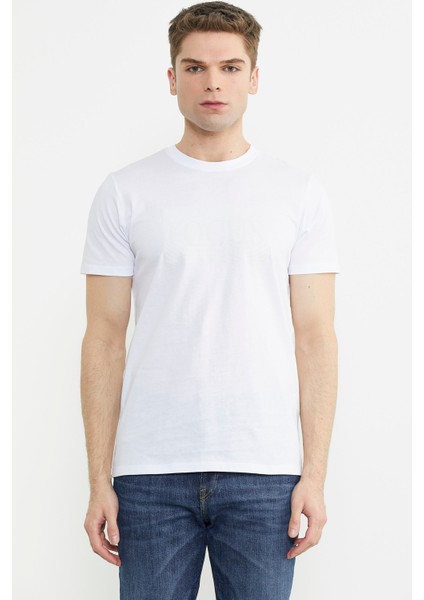 Bisiklet Yaka Baskılı Basic Tişört - Beyaz