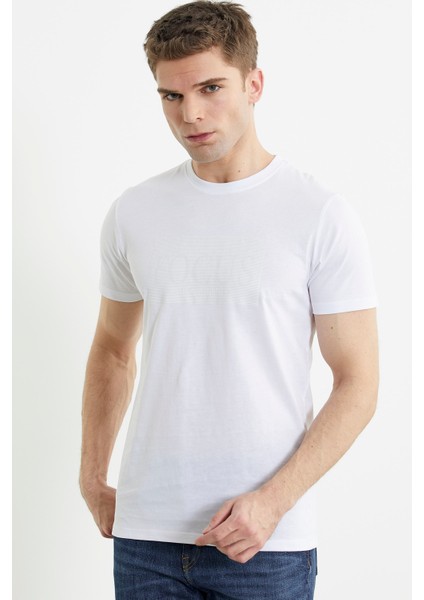 Bisiklet Yaka Baskılı Basic Tişört - Beyaz fiyatları