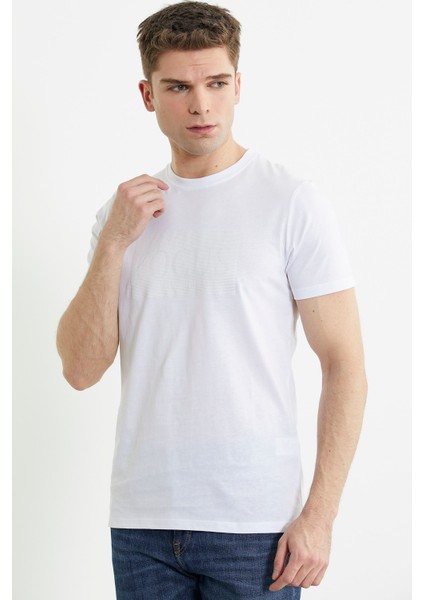 Bisiklet Yaka Baskılı Basic Tişört - Beyaz modelleri