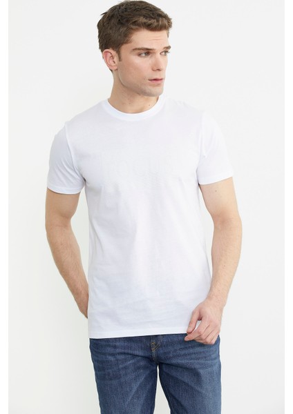 Bisiklet Yaka Baskılı Basic Tişört - Beyaz indirimleri