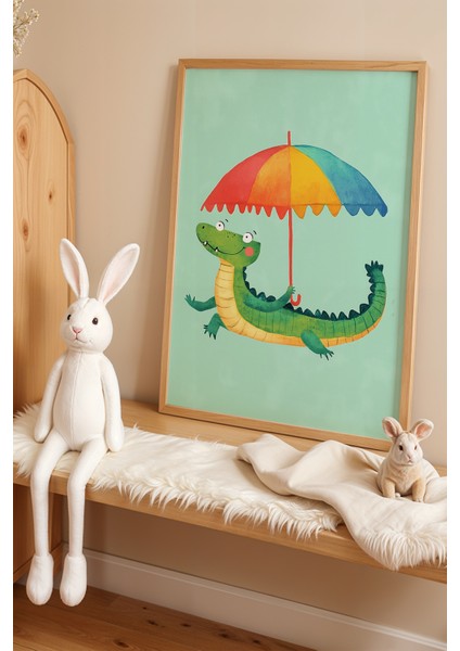 Sevimli Timsah Çocuk ve Bebek Odası Ahşap Çerçeveli Duvar Tablosu