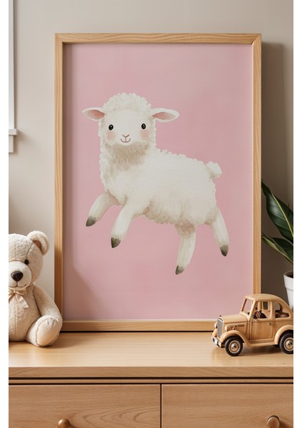 Sevimli Kuzu Çocuk Odası ve Bebek Odası Ahşap Çerçeveli Duvar Tablosu