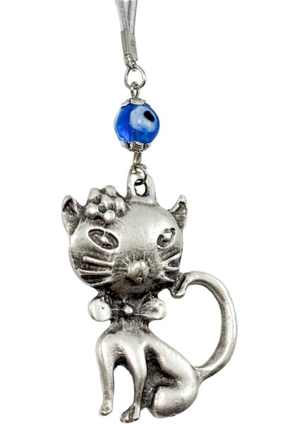 El Yapımı Lacivert Cam Nazar Boncuğu Metal Kedi Dikiz Ayna Süsü / Hediyelik Aksesuar