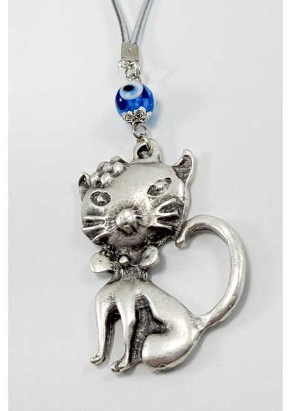 El Yapımı Lacivert Cam Nazar Boncuğu Metal Kedi Dikiz Ayna Süsü / Hediyelik Aksesuar