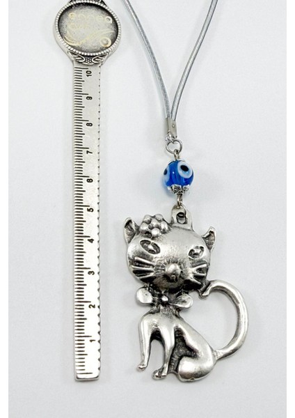 El Yapımı Lacivert Cam Nazar Boncuğu Metal Kedi Dikiz Ayna Süsü / Hediyelik Aksesuar