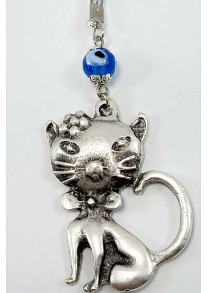 El Yapımı Lacivert Cam Nazar Boncuğu Metal Kedi Dikiz Ayna Süsü / Hediyelik Aksesuar