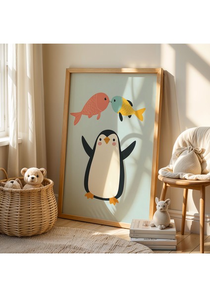 Sevimli Penguen Çocuk Odası ve Bebek Odası Ahşap Çerçeveli Duvar Tablosu fiyatları