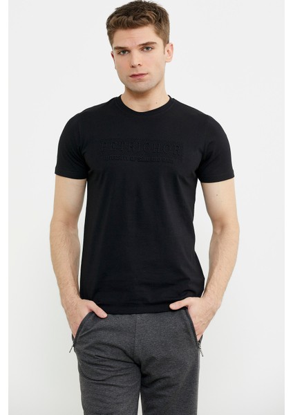 Kabartma Baskı Detaylı Pamuk Tişört - Siyah