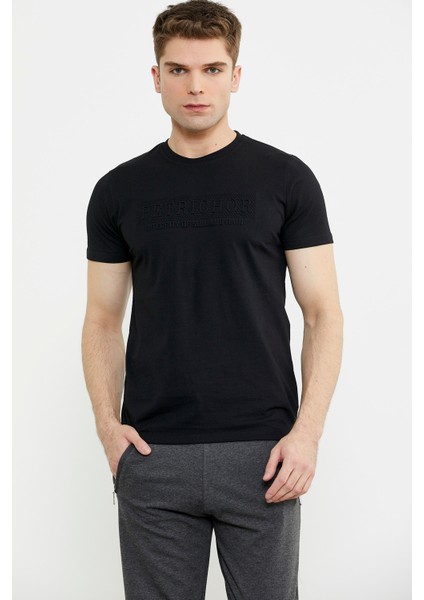 Kabartma Baskı Detaylı Pamuk Tişört - Siyah fırsatları