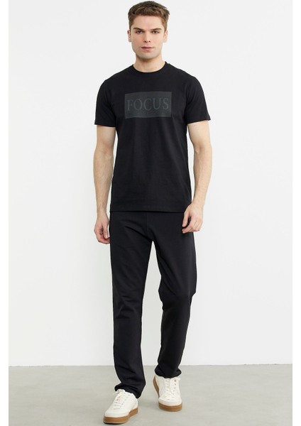 Bisiklet Yaka Baskılı Basic Tişört - Siyah