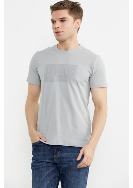 Bisiklet Yaka Baskılı Basic Tişört - Gri modelleri