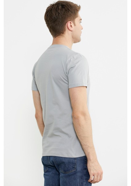 Bisiklet Yaka Baskılı Basic Tişört - Gri indirimleri