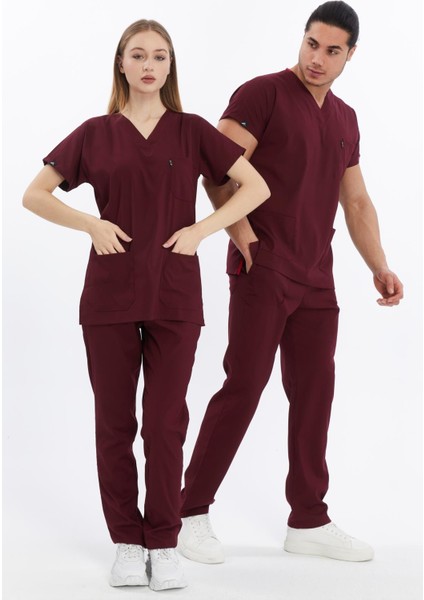 Happiness Basic - Likralı Doktor Hemşire Forma Takımı Scrubs Üniforma Cerrahi Takım, Bordo modelleri