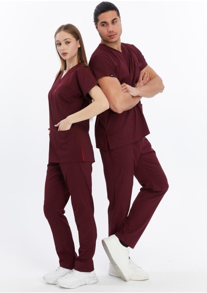 Happiness Basic - Likralı Doktor Hemşire Forma Takımı Scrubs Üniforma Cerrahi Takım, Bordo fırsatları