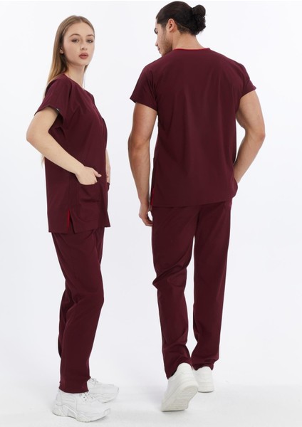 Happiness Basic - Likralı Doktor Hemşire Forma Takımı Scrubs Üniforma Cerrahi Takım, Bordo indirimleri