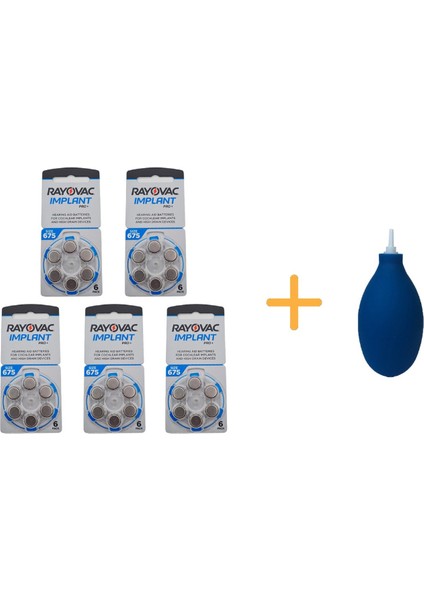 Koklear Implant Işitme Cihazı Pili, Rayovac 675CP Implant Pro+ (5 Paket x 6 Adet = 30 Adet Pil) + Hediye Işitme Cihazı El Pompası (Puar)