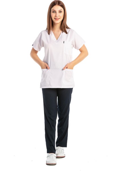 Çatı Uniform Happiness Basic - Likralı Doktor Hemşire Forma Takımı Scrubs Üniforma Cerrahi Takım, Beyaz/lacivert fiyatları