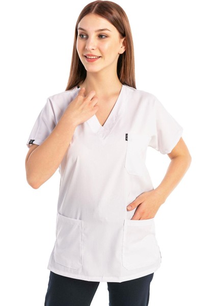 Çatı Uniform Happiness Basic - Likralı Doktor Hemşire Forma Takımı Scrubs Üniforma Cerrahi Takım, Beyaz/lacivert fırsatları