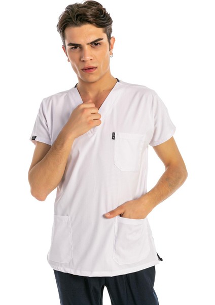 Çatı Uniform Happiness Basic - Likralı Doktor Hemşire Forma Takımı Scrubs Üniforma Cerrahi Takım, Beyaz/lacivert indirimleri
