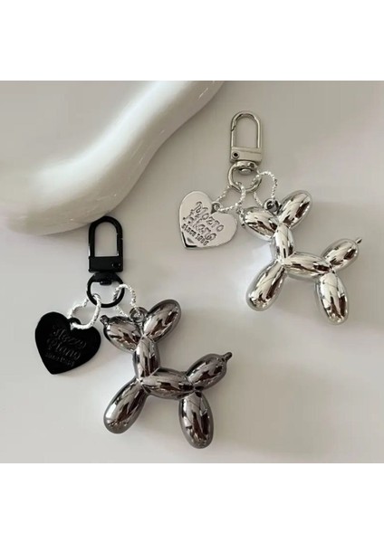 Siyah Kalpli Gümüş Renk Vs Pink Balon Köpek Anahtarlık Seti Key Chain Çanta Aksesuarı