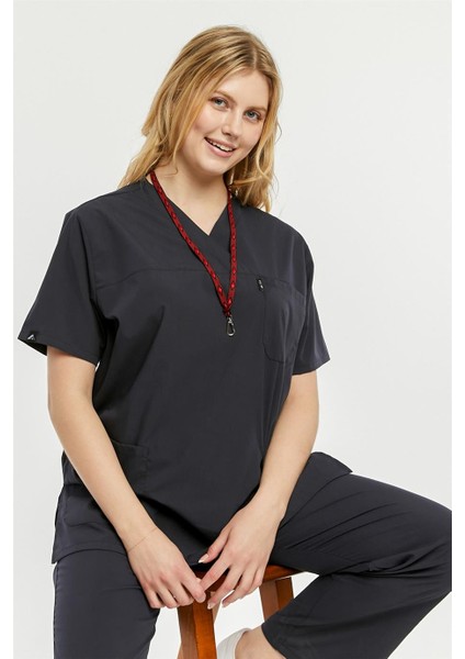 Ultralycra Comfy - Büyük Beden Likralı Doktor Hemşire Forma Takımı Scrubs Üniforma Cerrahi Takım, Antrasit