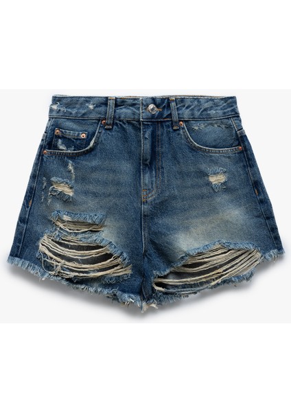 Yıpratma Detaylı Düğmeli Cepli Yüksek Bel Mini Denim Şort fırsatları