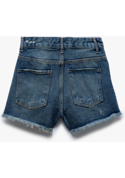 Yıpratma Detaylı Düğmeli Cepli Yüksek Bel Mini Denim Şort indirimleri