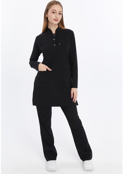 Happiness Modest - Likralı Doktor Hemşire Tesettür Forma Takımı Scrubs Üniforma Cerrahi Takım, Siyah