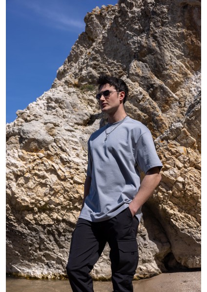 Erkek Gri Renk Oversize Baskısız Basic Tişört fiyatları