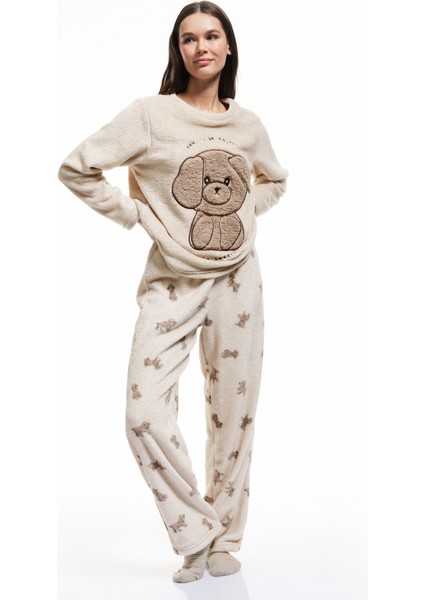 Köpek Desenli Peluş Polar Pijama Takımı