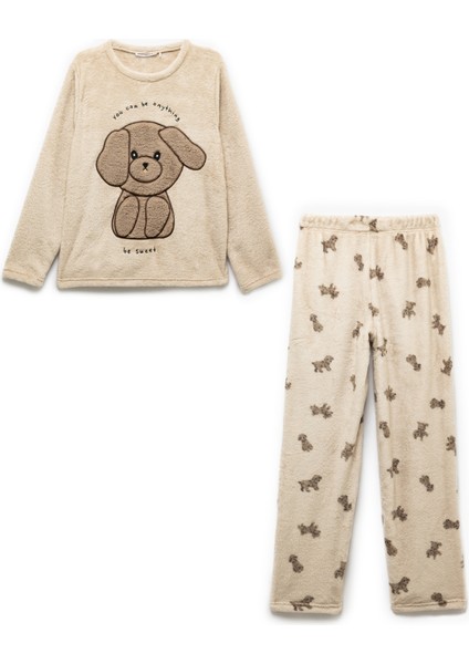 Köpek Desenli Peluş Polar Pijama Takımı