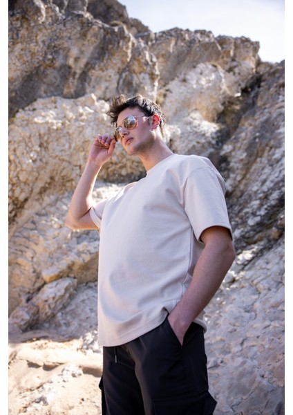 Erkek Bej Renk Oversize Baskısız Basic Tişört