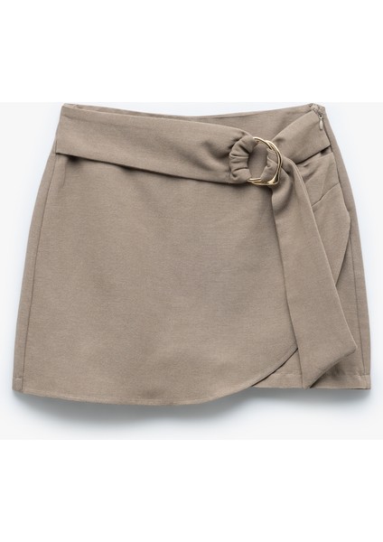 Viskon Keten Karışımlı Metal Aksesuarlı Kemerli Kruvaze Şort Etek