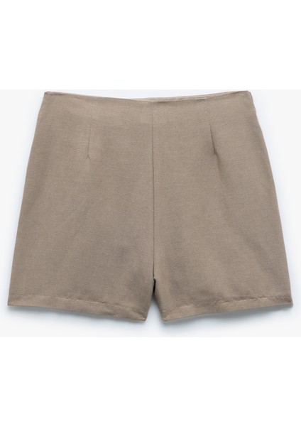 Viskon Keten Karışımlı Metal Aksesuarlı Kemerli Kruvaze Şort Etek fiyatları