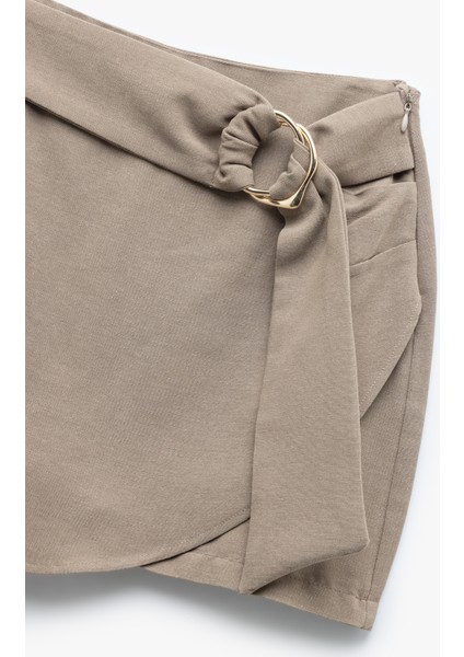 Viskon Keten Karışımlı Metal Aksesuarlı Kemerli Kruvaze Şort Etek modelleri