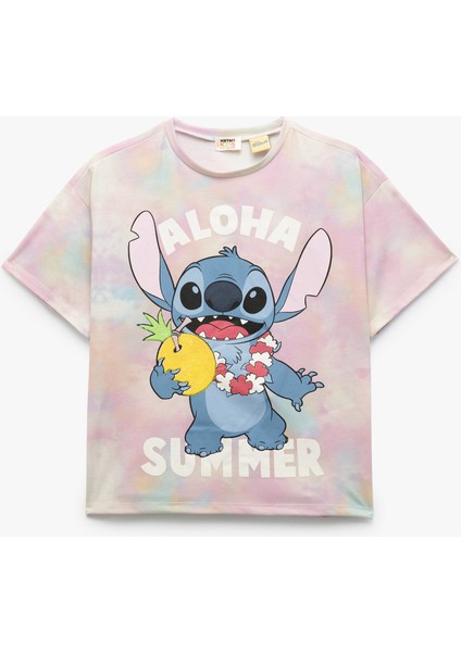 Lisanslı Stitch Baskılı Bisiklet Yaka Kısa Kollu Tişört