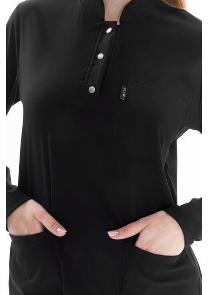 Happiness Modest - Likralı Doktor Hemşire Tesettür Forma Takımı Scrubs Üniforma Cerrahi Takım, Siyah indirimleri