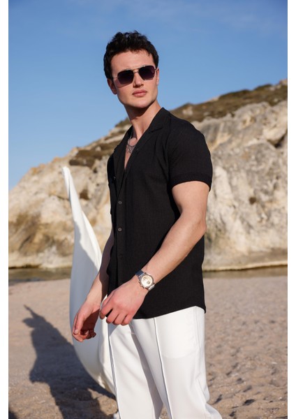 Erkek Siyah Renk Burgu Desen Kısa Kol Gömlek fiyatları