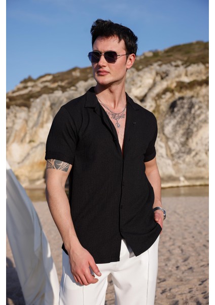 Erkek Siyah Renk Burgu Desen Kısa Kol Gömlek indirimleri