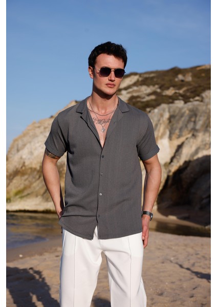 Erkek Antrasit Renk Burgu Desen Kısa Kol Gömlek
