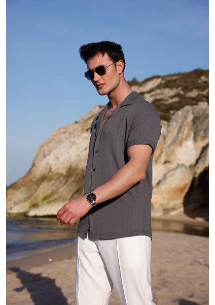 Erkek Antrasit Renk Burgu Desen Kısa Kol Gömlek fiyatları