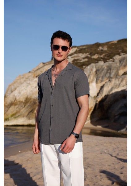 Erkek Antrasit Renk Burgu Desen Kısa Kol Gömlek modelleri