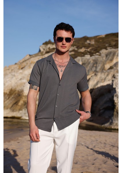 Erkek Antrasit Renk Burgu Desen Kısa Kol Gömlek indirimleri