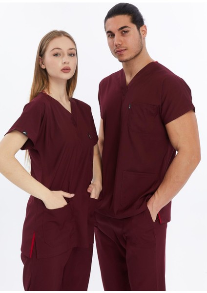 Happiness Basic - Likralı Doktor Hemşire Scrubs Tek Üst Cerrahi Forma (Unısex), Bordo