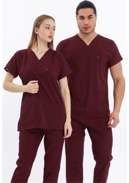Happiness Basic - Likralı Doktor Hemşire Scrubs Tek Üst Cerrahi Forma (Unısex), Bordo fiyatları