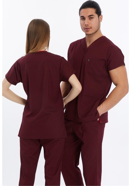 Happiness Basic - Likralı Doktor Hemşire Scrubs Tek Üst Cerrahi Forma (Unısex), Bordo modelleri
