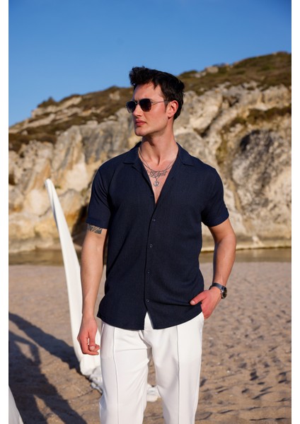 Erkek Lacivert Renk Burgu Desen Kısa Kol Gömlek fiyatları